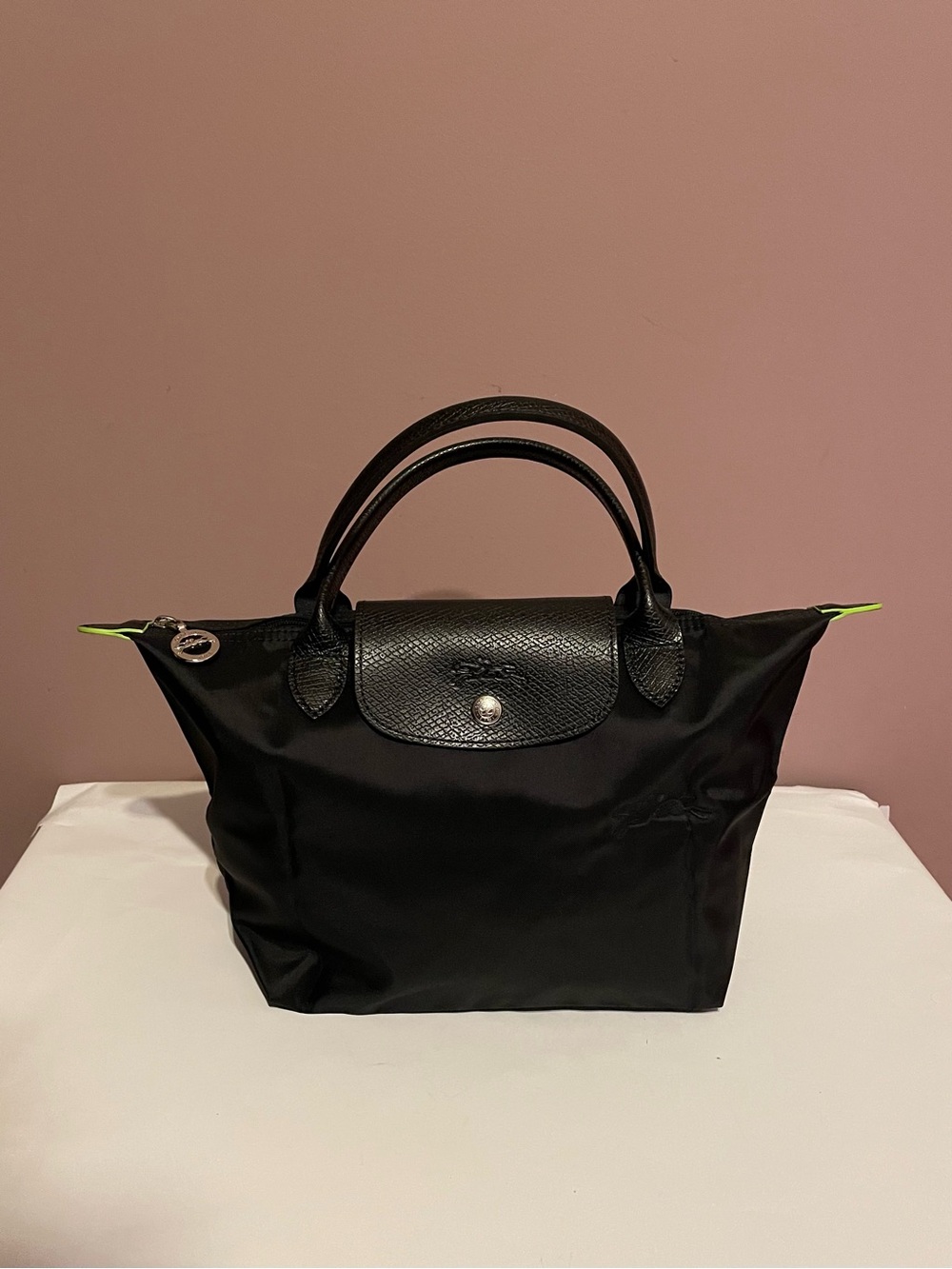New Longchamp Black small  Top-Handle Nylon Bag authentic